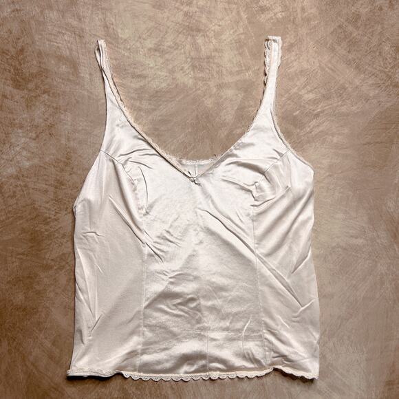 Vintage 80s Sears Light Pink Satin Camisole Slip Tank Top Scalloped Lace Bow - Picture 1 of 7
